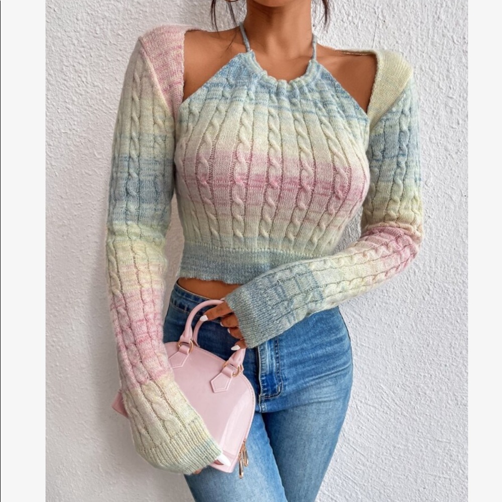Ombre Long Sleeve Cold Shoulder Halter Crop Top Sweater - Picture 1 of 6